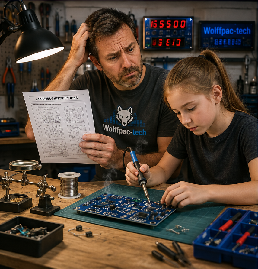 Father and daughter working together on a circuit board while reviewing assembly instructions